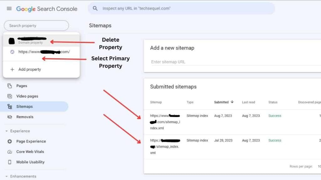 Add or delete primary property on google search console